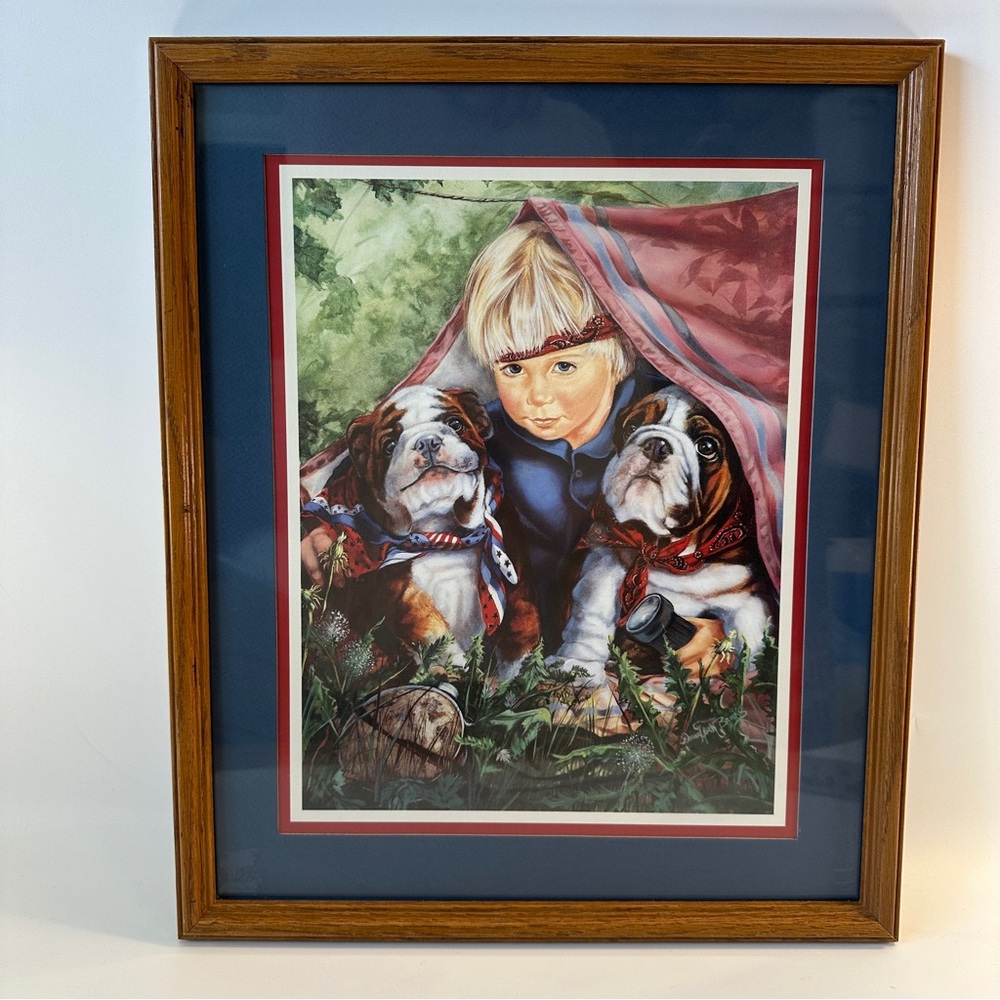 VTG Home Interior Little Blonde Boy Bulldog Puppies Framed Print 15x18 Americana